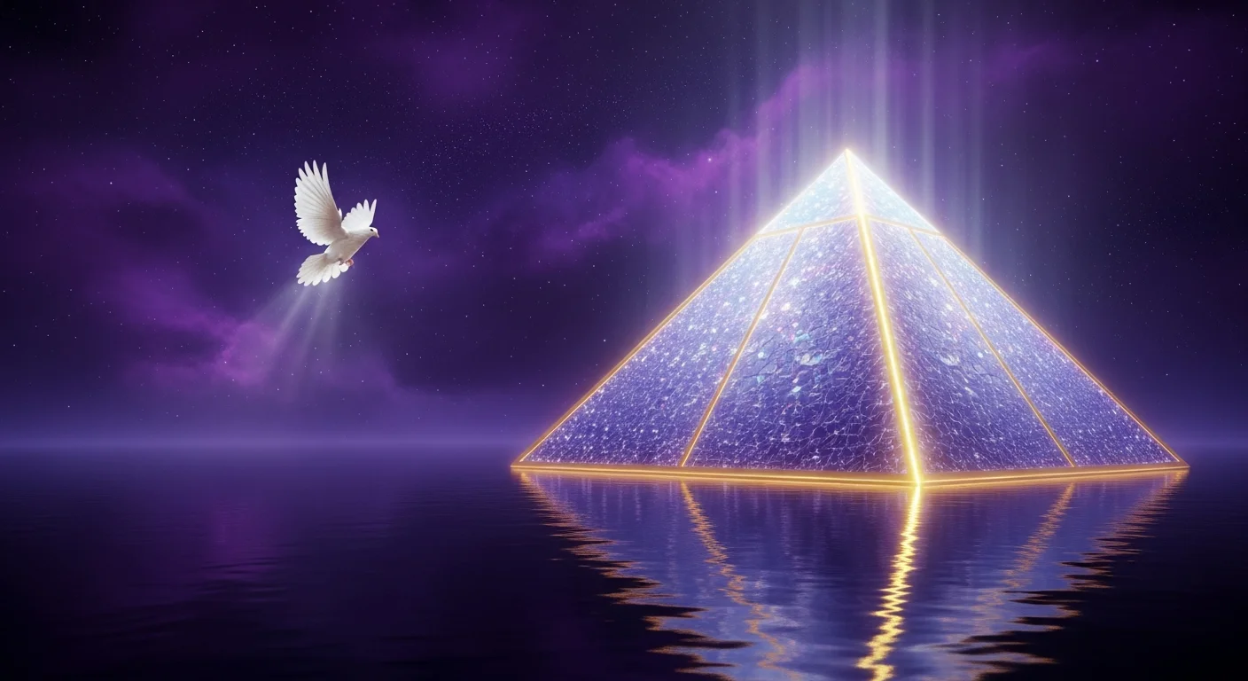 Leuchtende Pyramide im violetten Kosmos mit Lichtstrahlen, Wolken und Sternen — eine kleine weiße Taube fliegt auf die Pyramide zu